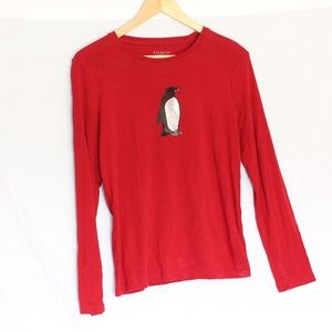 Talbots Red Penguin Sequin Long Sleeve Top Size L